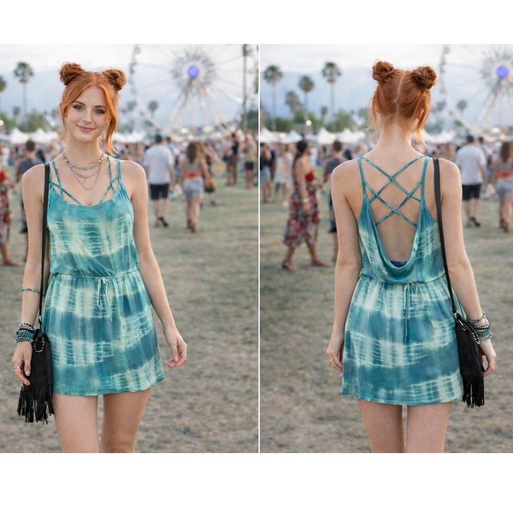Chaser‎ Womens Mini Dress Teal Tie Dye Festival Soft Strappy Coachella Boho NWOT
